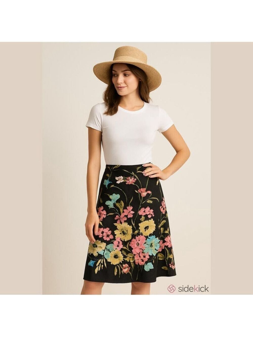AK Anne Klein Floral A-Line Cotton Corduroy Women's Size 4 Sequin Detail Skirt